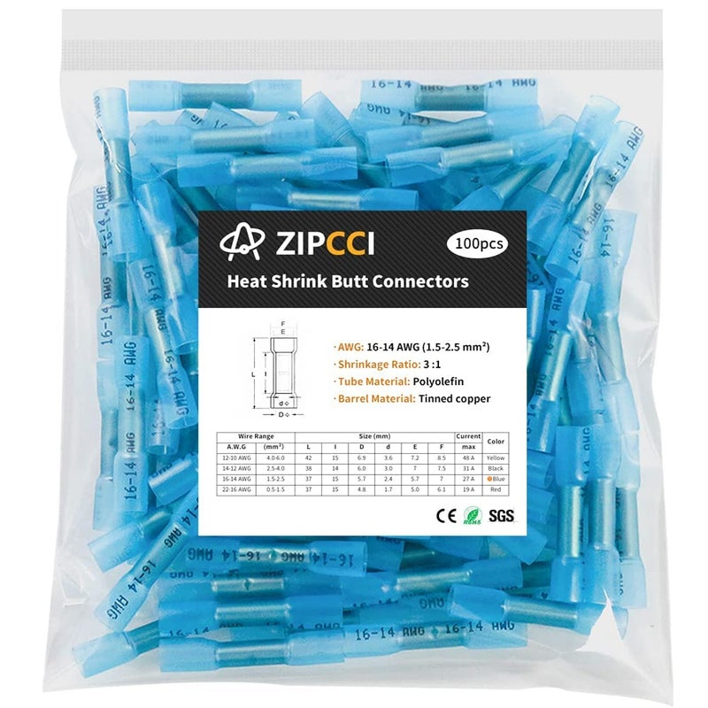ZIPCCI 16-14 AWG Heat Shrink Butt Connectors - 100Pcs Blue Insulated Waterproof Electrical Marine Automotive Wire Splice Connector Crimp Wiring Terminals - Image 1
